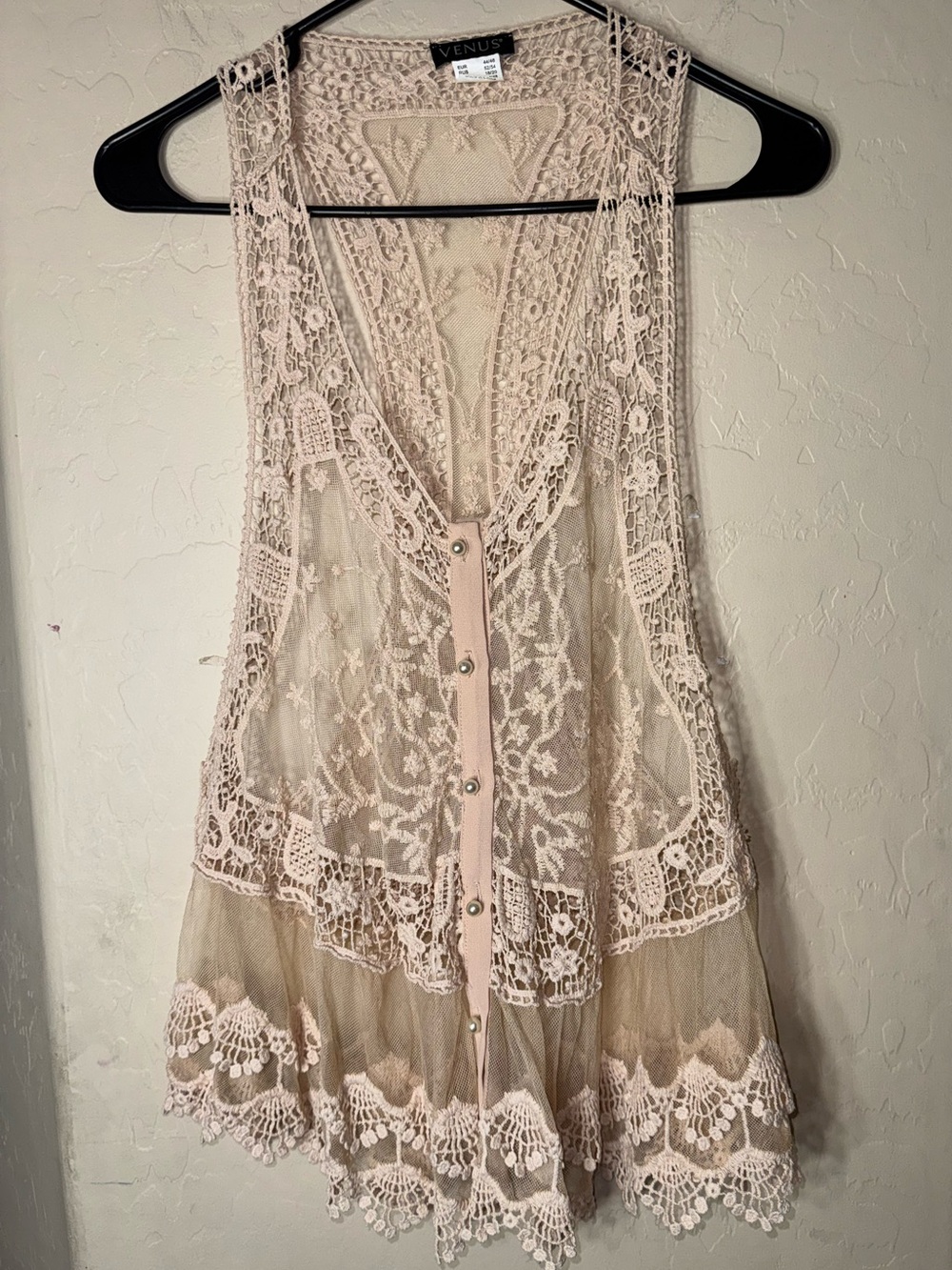 Venus Light Taupe Beige Crochet Lace Mesh Longline Vest Pearl Button Boho Size L